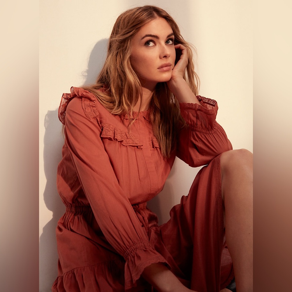 Aritzia Wilfred La Boheme Burnt Orange Prairie Midi Halfsleeve Cotton Gaia Dress